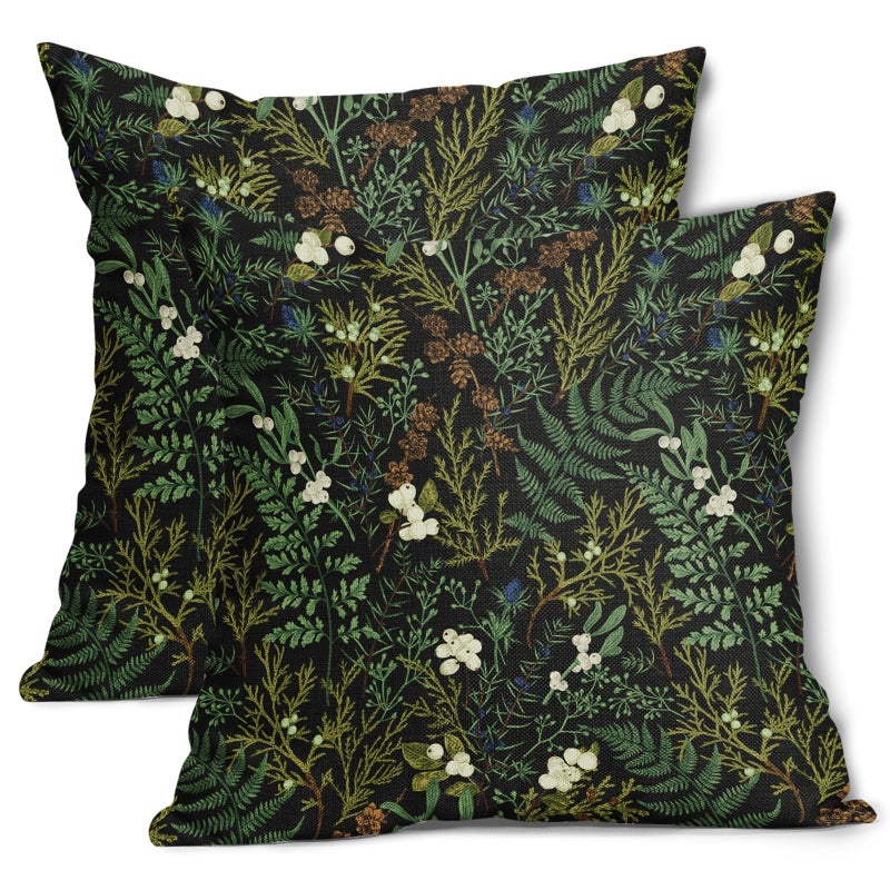 aportt Green Plant Pillow Covers 20X20 Inch Sage Green Botanical Fern Leaf Decorative Pillow Cases Spring Summer Vintage Floral Black Throw Pillows Set of 2 Farmhouse Home Decor for Room Couch Bed - Image 1