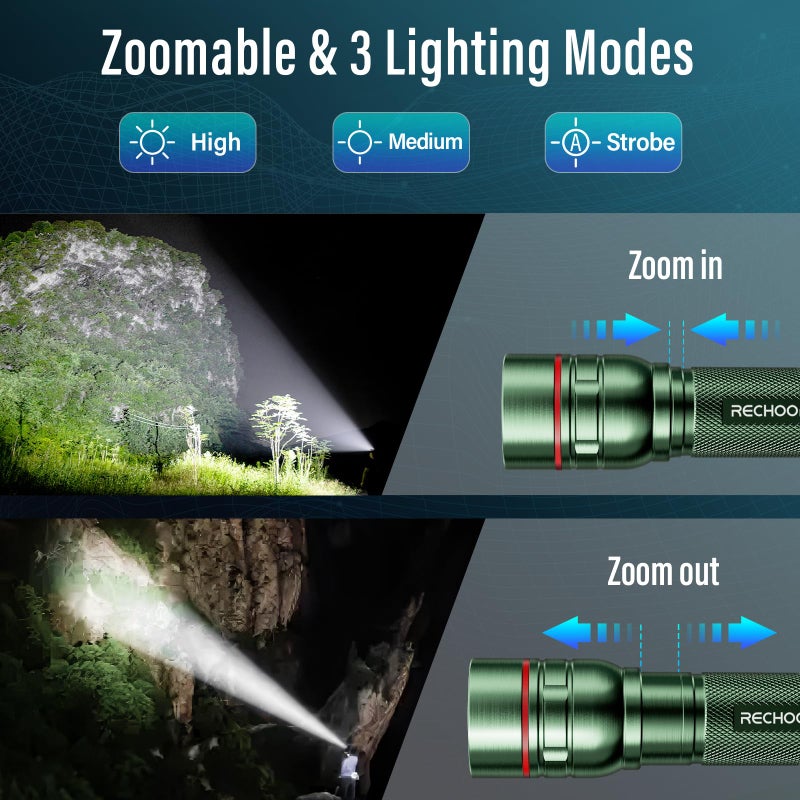 Rechoo Rechargeable Flashlights High Lumens, G1000 Super Bright Flash Light, Small Zoomable LED Flashlight with 3 Lighting Modes, Portable Tactical Flashlight for Camping Essentials (Battery Included)-Green - Image 3