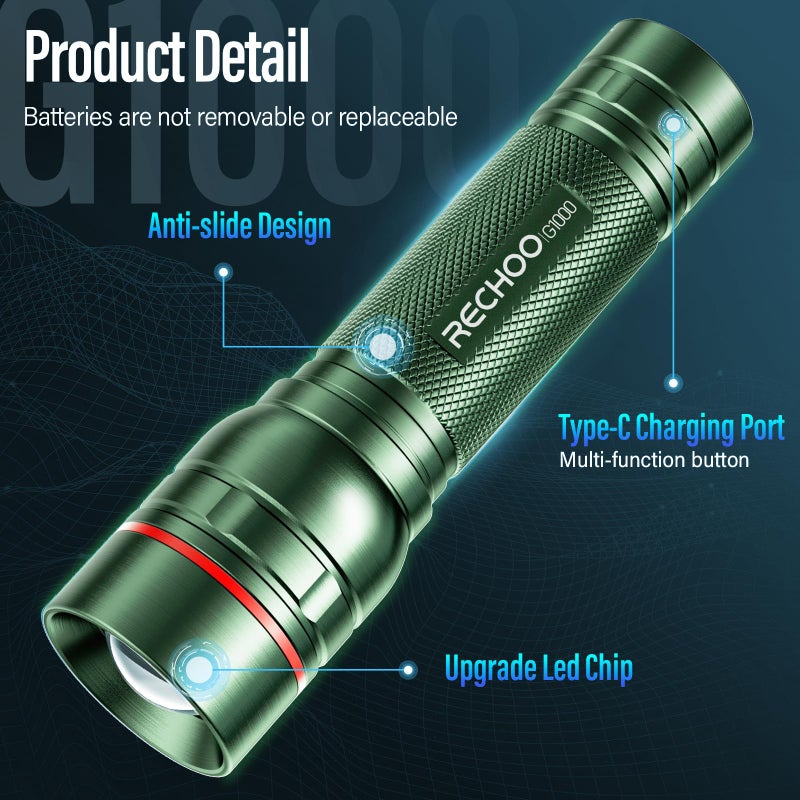 Rechoo Rechargeable Flashlights High Lumens, G1000 Super Bright Flash Light, Small Zoomable LED Flashlight with 3 Lighting Modes, Portable Tactical Flashlight for Camping Essentials (Battery Included)-Green - Image 5
