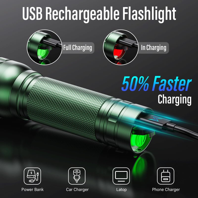 Rechoo Rechargeable Flashlights High Lumens, G1000 Super Bright Flash Light, Small Zoomable LED Flashlight with 3 Lighting Modes, Portable Tactical Flashlight for Camping Essentials (Battery Included)-Green - Image 2