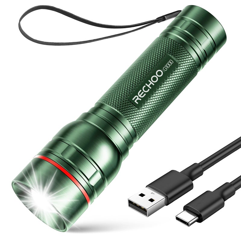 Rechoo Rechargeable Flashlights High Lumens, G1000 Super Bright Flash Light, Small Zoomable LED Flashlight with 3 Lighting Modes, Portable Tactical Flashlight for Camping Essentials (Battery Included)-Green - Image 1