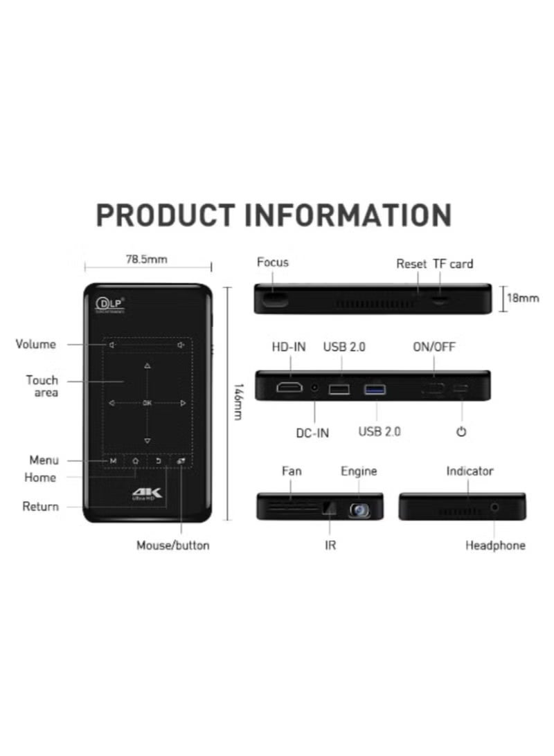 ELTRAZONE BP09 Portable Mini Smart Projector – 4K Ultra HD DLP Home Cinema, Android 9.0 System, Bluetooth 4.1, LED Video Beamer, Compact Wireless Projector for Movies & Gaming - Image 5