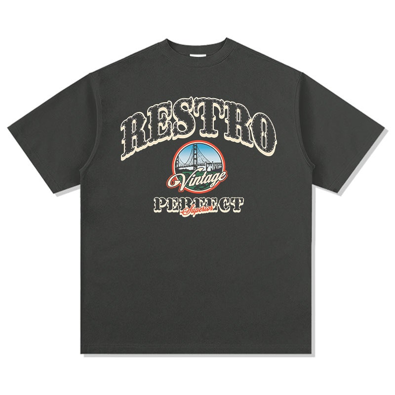 Style Retro Simple City boy Style Printed Hip Hop Big Red Heavy Loose Shoulder Short-sleeved T-shirt Trendy - Image 1