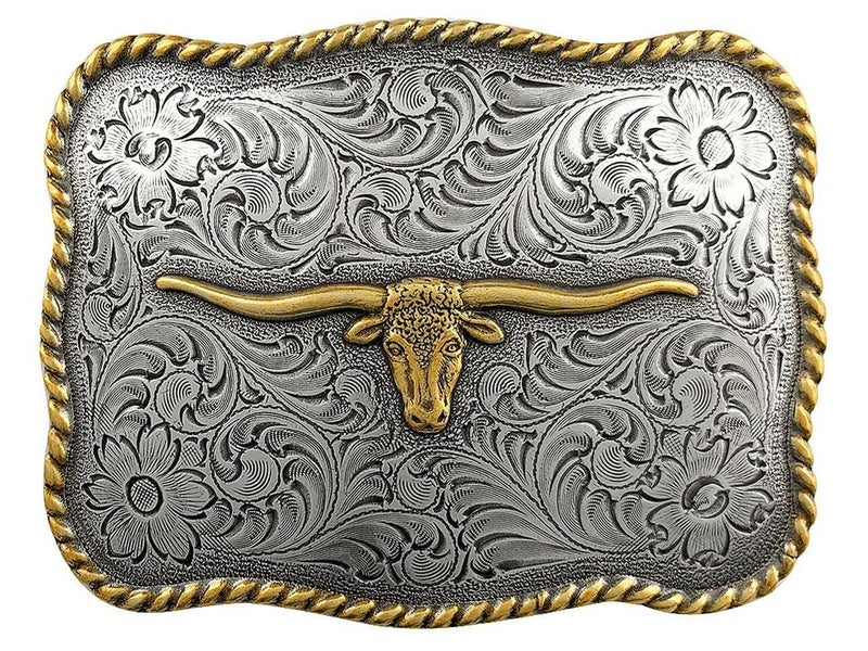 Belts.com H8143 Western Antique Silver and Gold Texas Longhorn Steer Head Belt Buckle (Antique Silver Gold) - Image 1