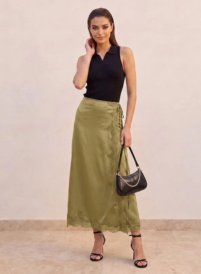 Iconic Iconic Midi Wrap Skirt with Lace Trim