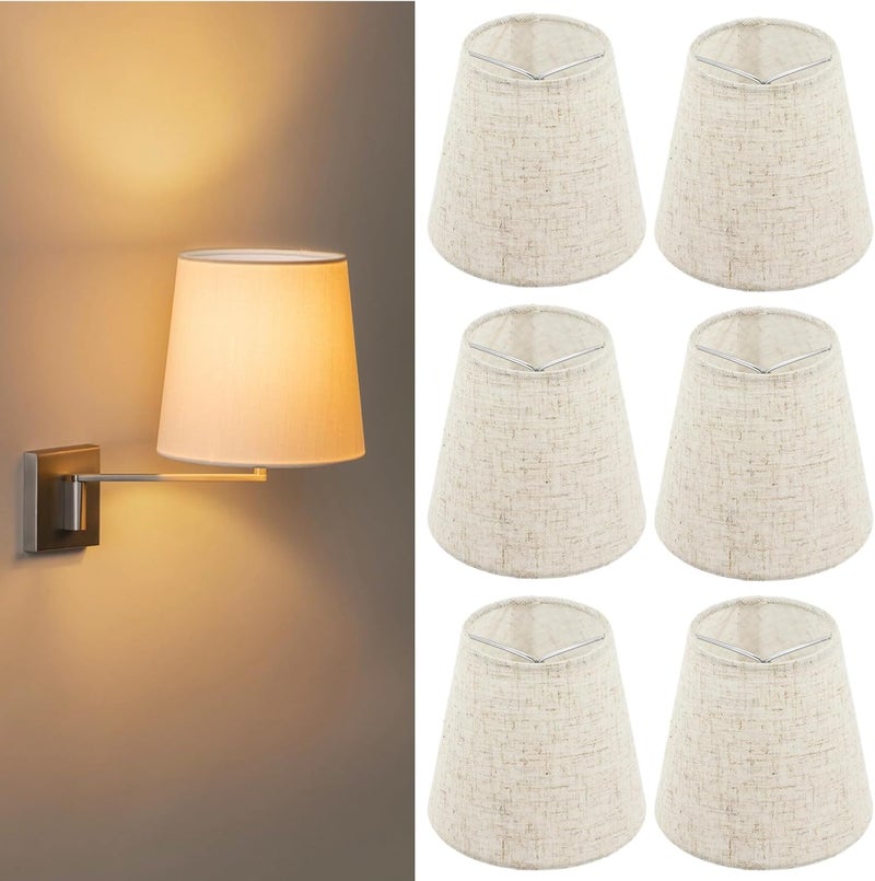 Lnrueg Set of 6 Chandelier Lamp Shades 5 Inch, Mini Barrel Lampshades Clip On for Table Lamp Wall Lamp Replacement, Natural Linen Mini Lamp Shade, 3.5x5x5.5in (Top Height Bottom) - Image 2