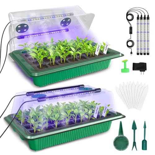 MQUPIN 80-Cell Seed Starter Tray with Grow Light, 2-Pack Adjustable Brightness Seed Starter Kit with Humidity Dome,Smart Timer,Watering Sprayer,Seeder,Plant Germination Kit for Seeds Growing - Image 1
