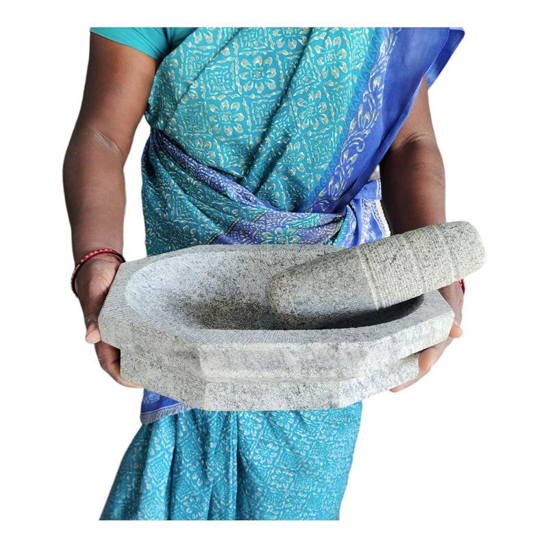 EZAHK EZAHK Kalvam Unpolished Stone Mortar and Pestle SetSpices Okhli Masher Khalbatta Stone Home Decor Musal Well Design for Kitchen Home Herbs 12 inch Big Size  - Image 1