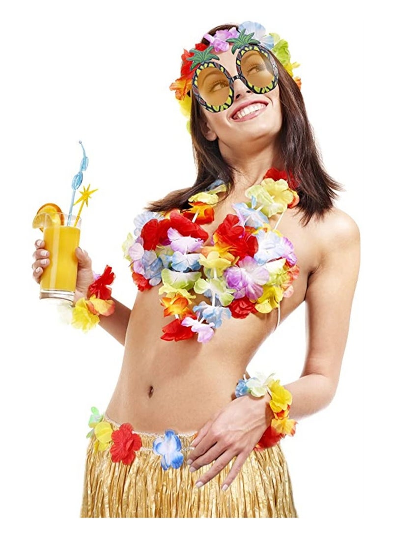 8 Pieces Hula Skirt Costume Kit, Hawaiian Leis Grass Skirt with Flowers Bikini Top Bracelets Necklace Hair Clip Pineapple Sunglasses for Hula Costume and Beach Party, Masquerade - Image 2