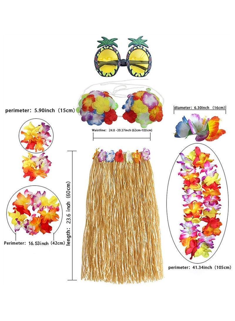 8 Pieces Hula Skirt Costume Kit, Hawaiian Leis Grass Skirt with Flowers Bikini Top Bracelets Necklace Hair Clip Pineapple Sunglasses for Hula Costume and Beach Party, Masquerade - Image 3