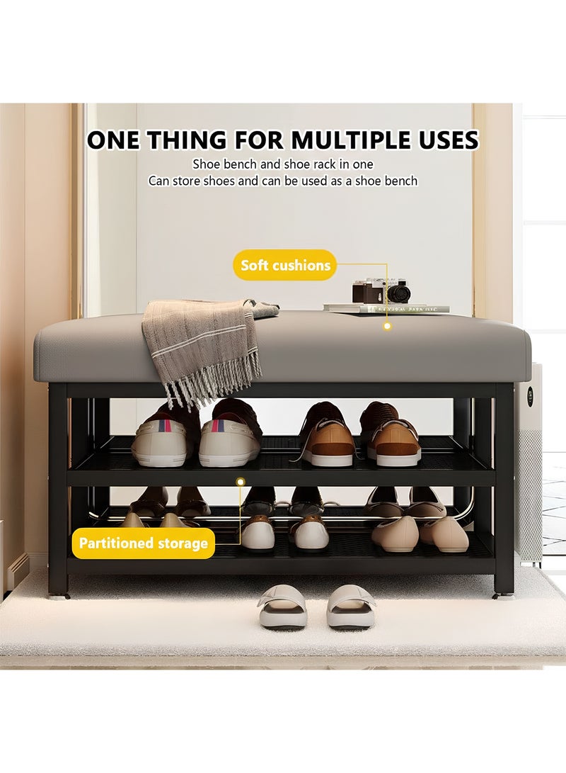 تايمي رف منظم أحذية من طبقتين 100سم مع مقعد مبطن من الجلد الصناعي وإطار من الفولاذ، لغرفة النوم والممر - رمادي/أسود - Image 3