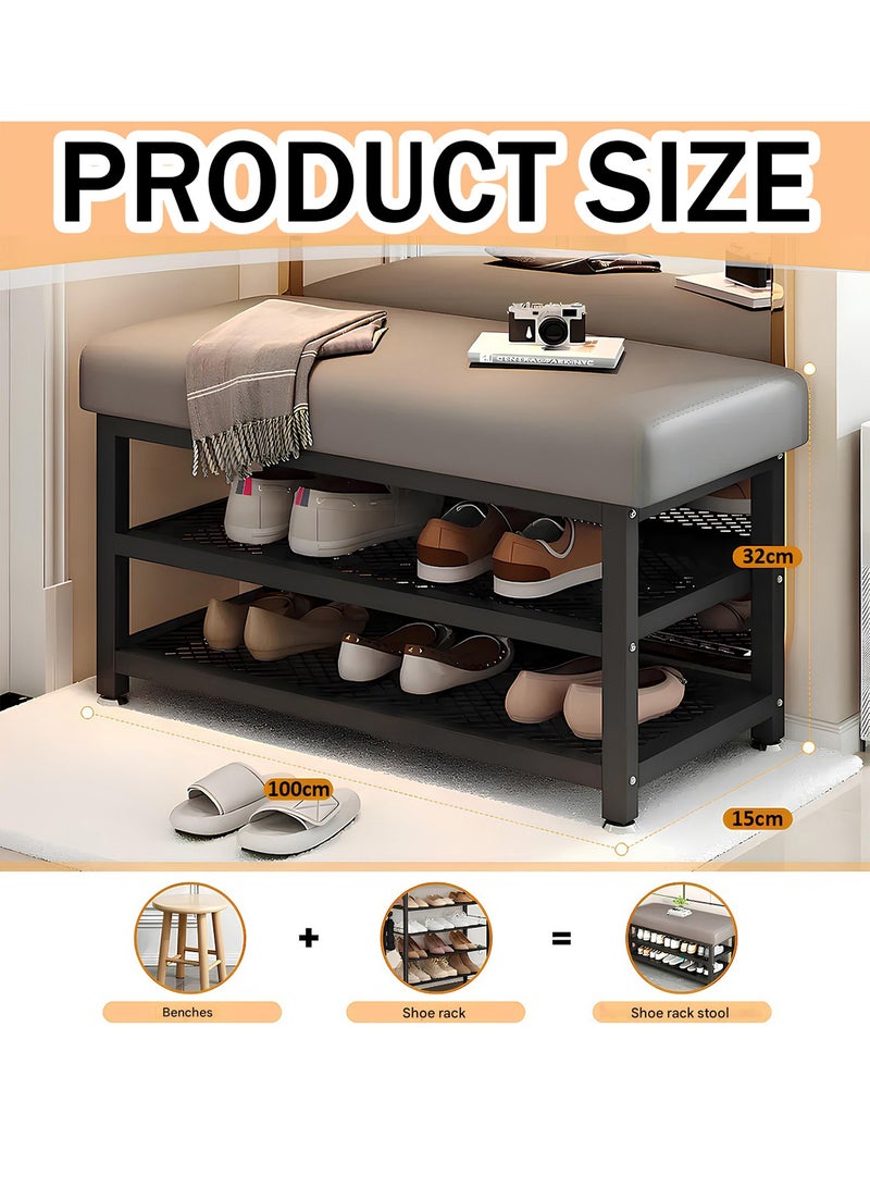 تايمي رف منظم أحذية من طبقتين 100سم مع مقعد مبطن من الجلد الصناعي وإطار من الفولاذ، لغرفة النوم والممر - رمادي/أسود - Image 2