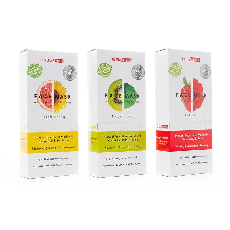 BioMiracle BioMiracle Natural Face Mask Variety Pack Pack of 15 with Hydrating Face Masks Nourishing Face Masks 