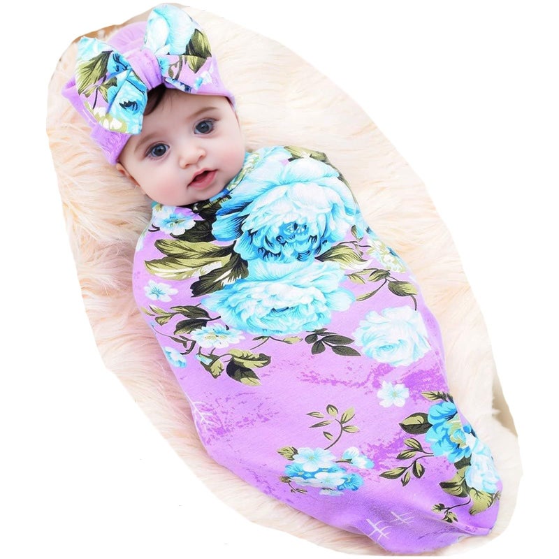 Galabloomer Newborn Baby Sleep Receiving Blanket and Bow Headband Set Baby Swaddle Blanket - Image 1
