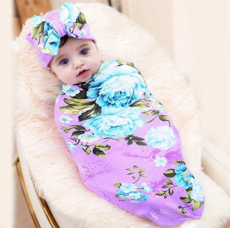 Galabloomer Newborn Baby Sleep Receiving Blanket and Bow Headband Set Baby Swaddle Blanket - Image 2