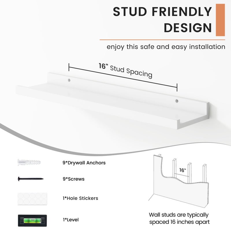 FLYJOE Floating Picture Ledge Shelves Set of 4, 24 Inch Shelves with Lip - Large Nursery Book Shelf for Toys Storage, Kids Bookshelf, Living Room, Bedroom Decor Frames - Image 5