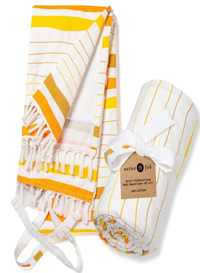 Native Fab Stripe Beach Towel with Terry - Oversized 40"x72" - 100% Cotton Sand Free Thick Hammam Towels - Luxury Soft Turkish Towel for Adults, Swim, Bath, Spa - Multi - Orange Yellow - Image 1