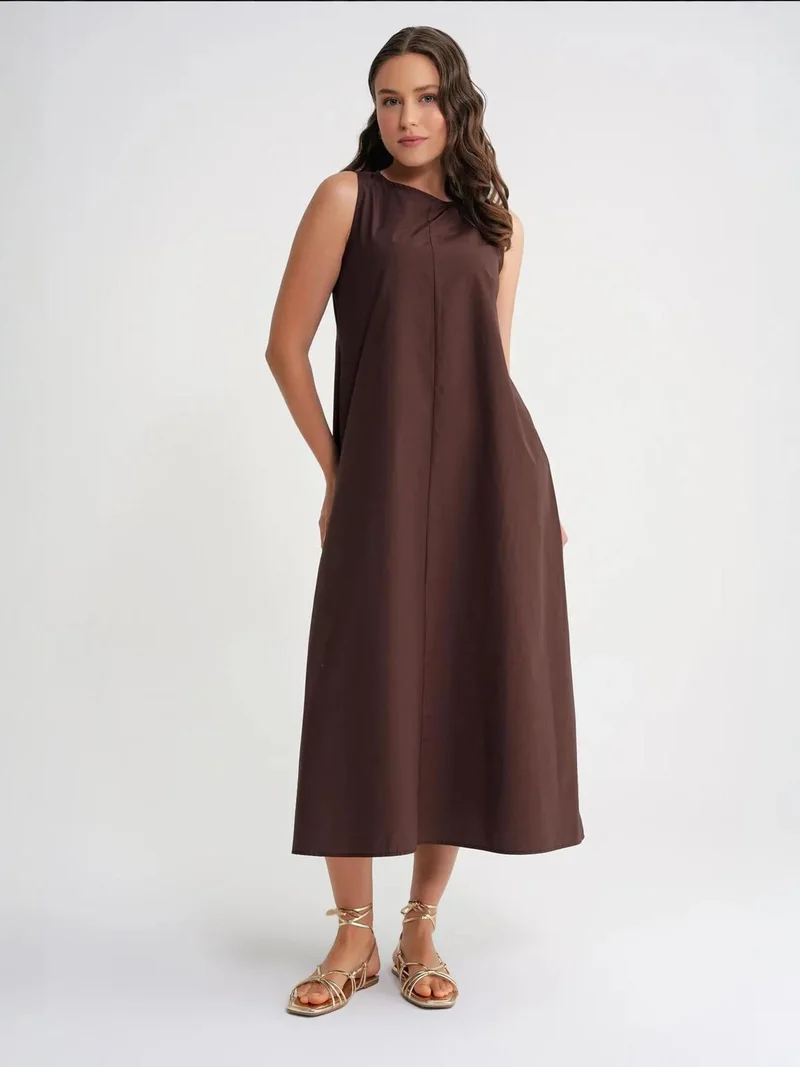MixRay Coffee Brown Mixray Relaxed Fit Maxi Dress with Pockets for Women | Best Price UAE
