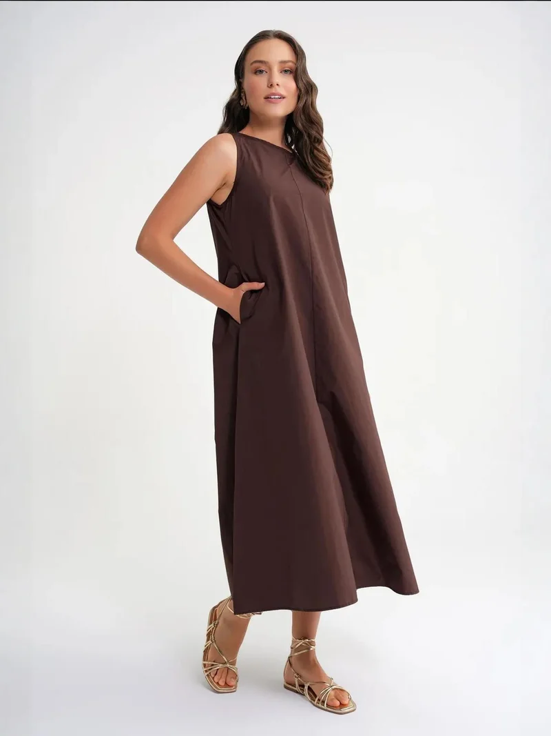 MixRay Coffee Brown Mixray Relaxed Fit Maxi Dress with Pockets for Women | Best Price UAE