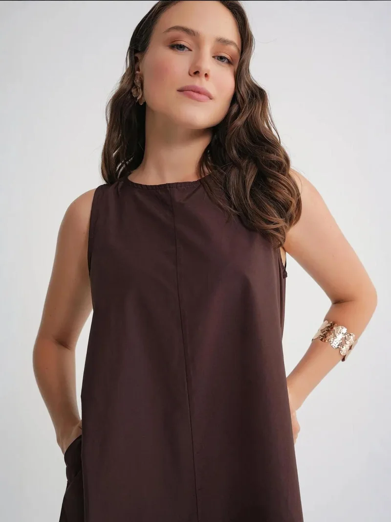 MixRay Coffee Brown Mixray Relaxed Fit Maxi Dress with Pockets for Women | Best Price UAE