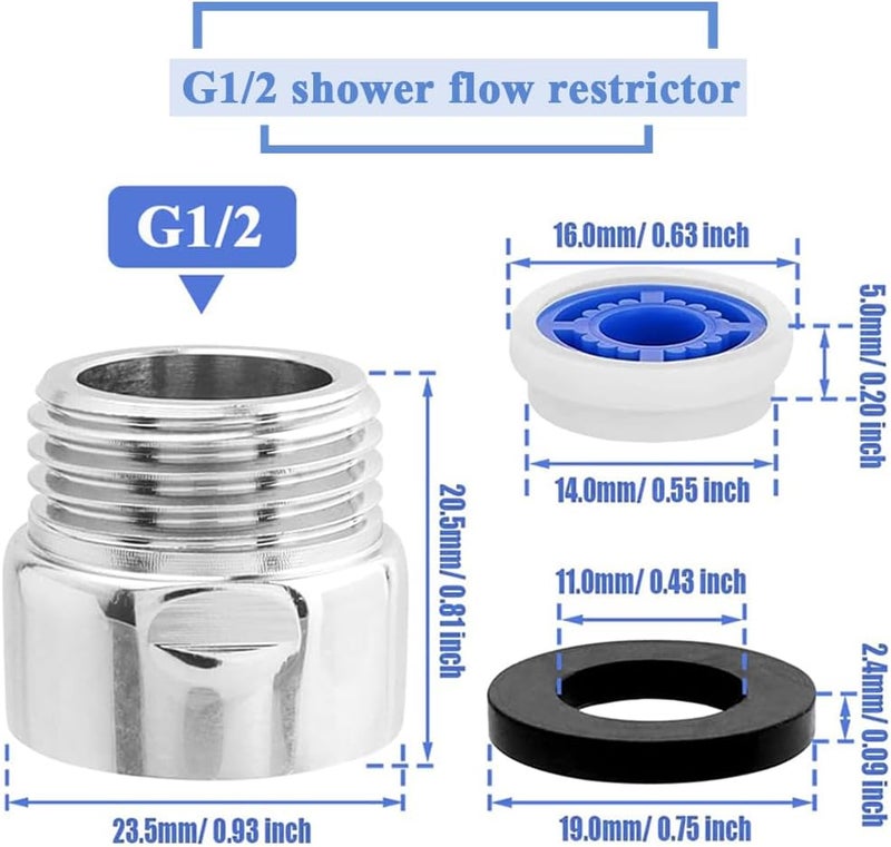 Eyech مجموعة محدد تدفق الماء للاستحمام 2 حزمة محول موفر لتدفق الماء 12 بوصة صمام تحكم في تدفق الماء لرأس الدش الثابت والدش اليدوي 12151820222530 جالون في الدقيقة - Image 2