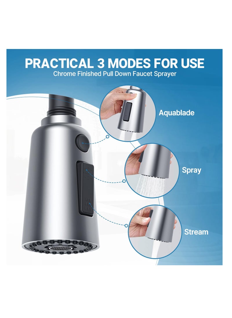 Excefore - Kitchen Faucet Head Replacement, Pull Down Spray Head, Faucet, 3-Function Sink Spray Nozzle with 9 Adapters, Compatible with American Standard, Delta, Moen, Kohler Faucets (Chrome) - Image 1