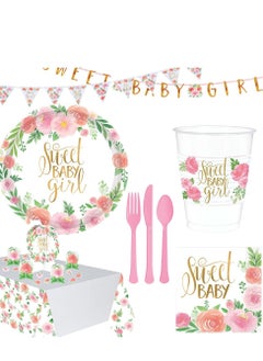 Floral Baby Premium Tableware Party Supplies, Includes Plates, Cups, Cutlery, Napkins, Tablecover, Banner and Table Decorating Kit  for 8 Guests