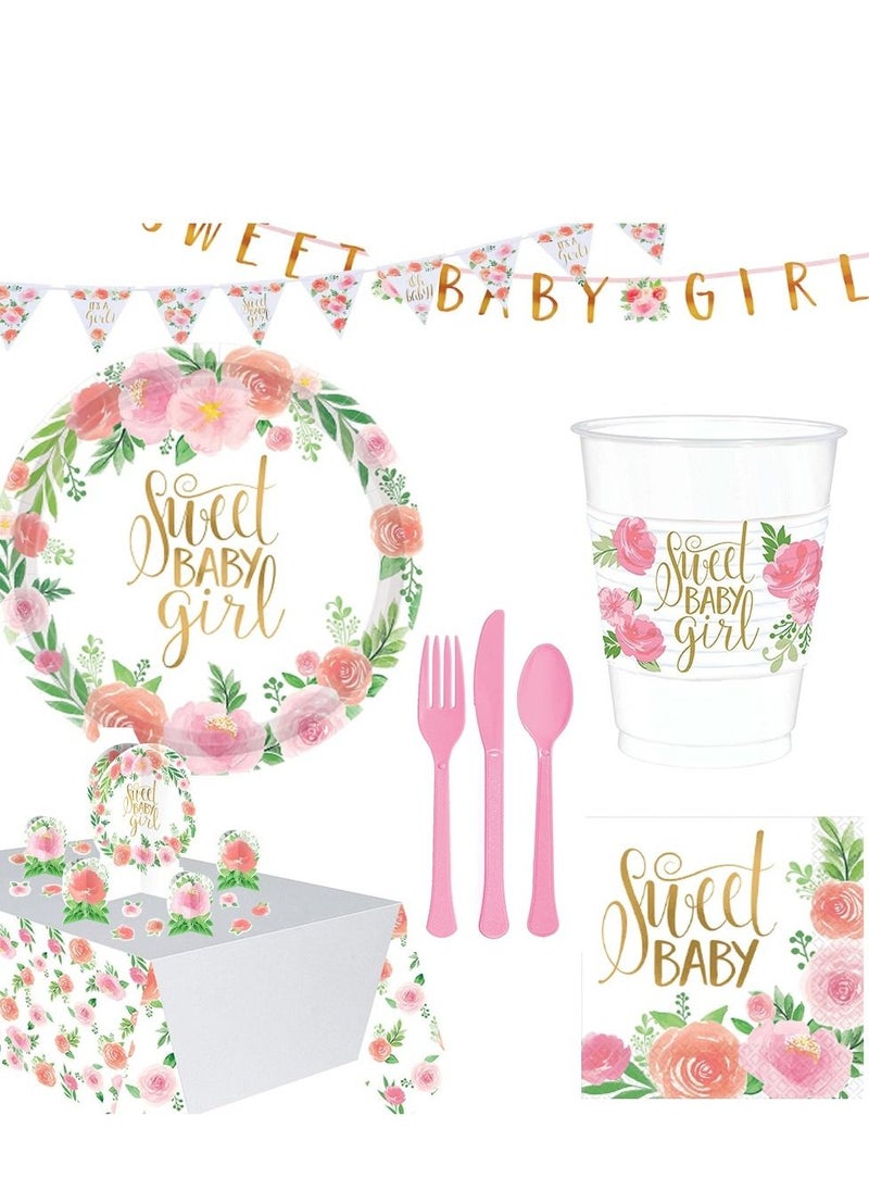 Amscan - Floral Baby Premium Tableware Party Supplies, Includes Plates, Cups, Cutlery, Napkins, Tablecover, Banner and Table Decorating Kit  for 8 Guests - Image 1