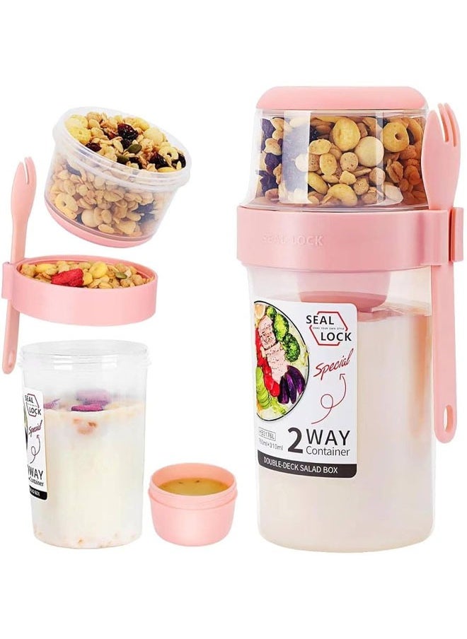 Generic Yogurt Cups for On the Go with Spoon, Double Layered Salad Cup Breakfast Salad Cup Light Meal With Fork Cover Dip Box Cereal to Go Cups Breakfast On The Go Cups, Portable Good Sealing Performance Plastic Multi-Purpose Container Can Pink ﻿  - Image 1