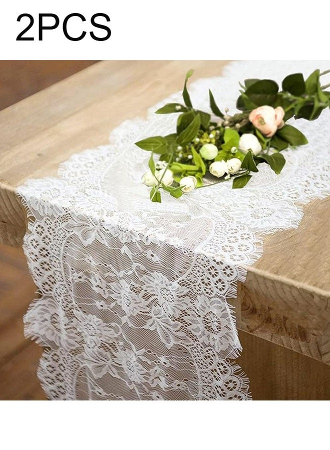 Happy D 2PCS White Lace Table Runners 14 x 120 Inch Vintage Table Runner for Wedding Bridal Shower Baby Shower Party Table Decoration Rustic Rose Embroidered Boho Table Runner - Image 1