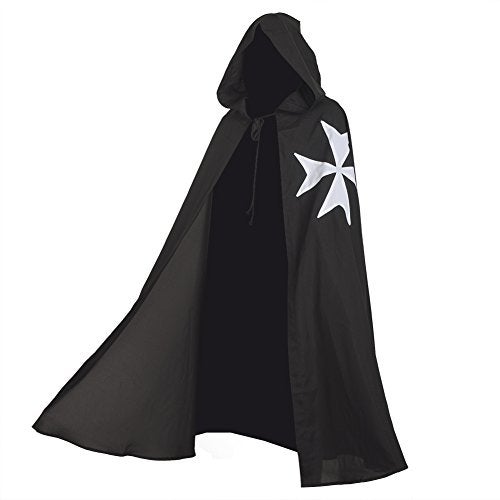 BLESSUME Medieval Hospitaller Hood Robe Templar Knight Cloak Halloween Costume Cape Unisex (Black, Large) - Image 1