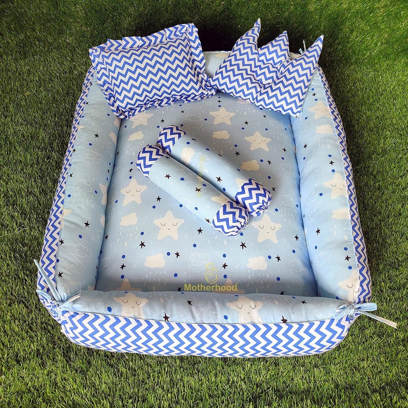 MOTHERHOOD MOTHERHOOD Box Baby Tub Bed and 4 pc Baby Pillow Luxury Baby Mattress Bed Sleeper Bedding Set coSleeper Safe Cotton Fabric with RFilled UltraSoft Comfortable for Newborn to Toddlers Sky - Image 1