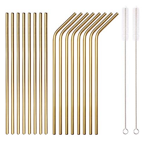 HOMQUEN 18 Piece Gold Stainless Steel Straws, 8.5 '' Reusable Drinking Straws,with Portable pouch,Suitable for wine and cold drinks (8 Straight/8 Bent/2 Brushes) - Image 1