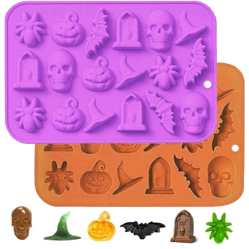 VICDUEKG Halloween Chocolate Mold 2 Pcs Halloween Silicone Baking Mold Pumpkin Bat Skull Shape Silicone Cake Mold for Chocolate Cupcakes Candy Cookies Soap Gummy Jelly