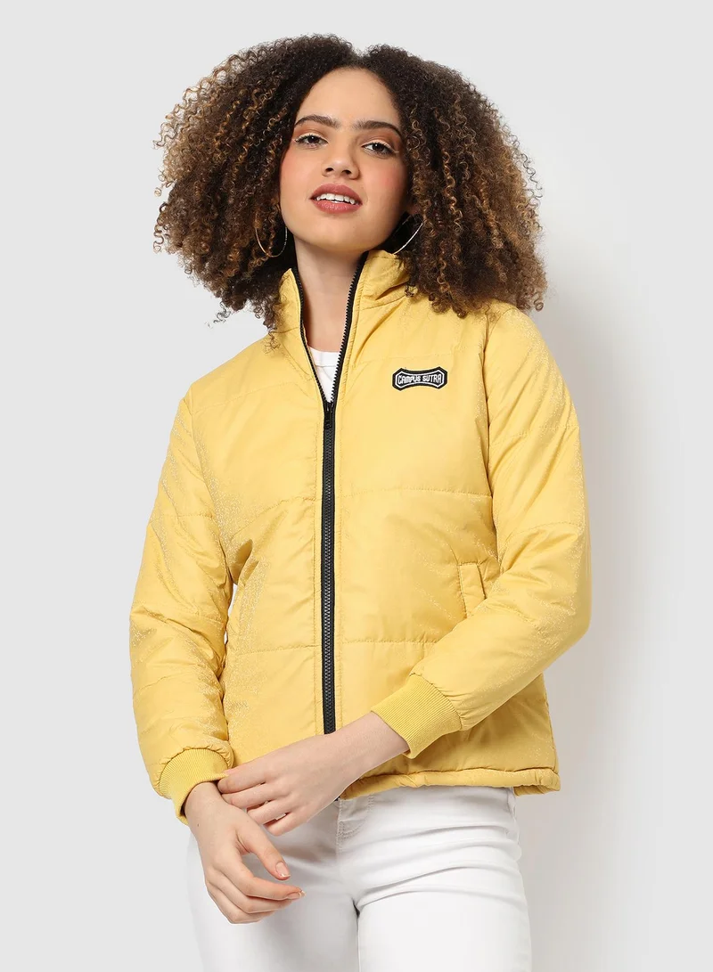 Campus Sutra Women's Butter Yellow Speck Quilted-Puffer Jacket | كم طويل | سادة | كاجوال ويومي | طوق منتشر | جاكيت