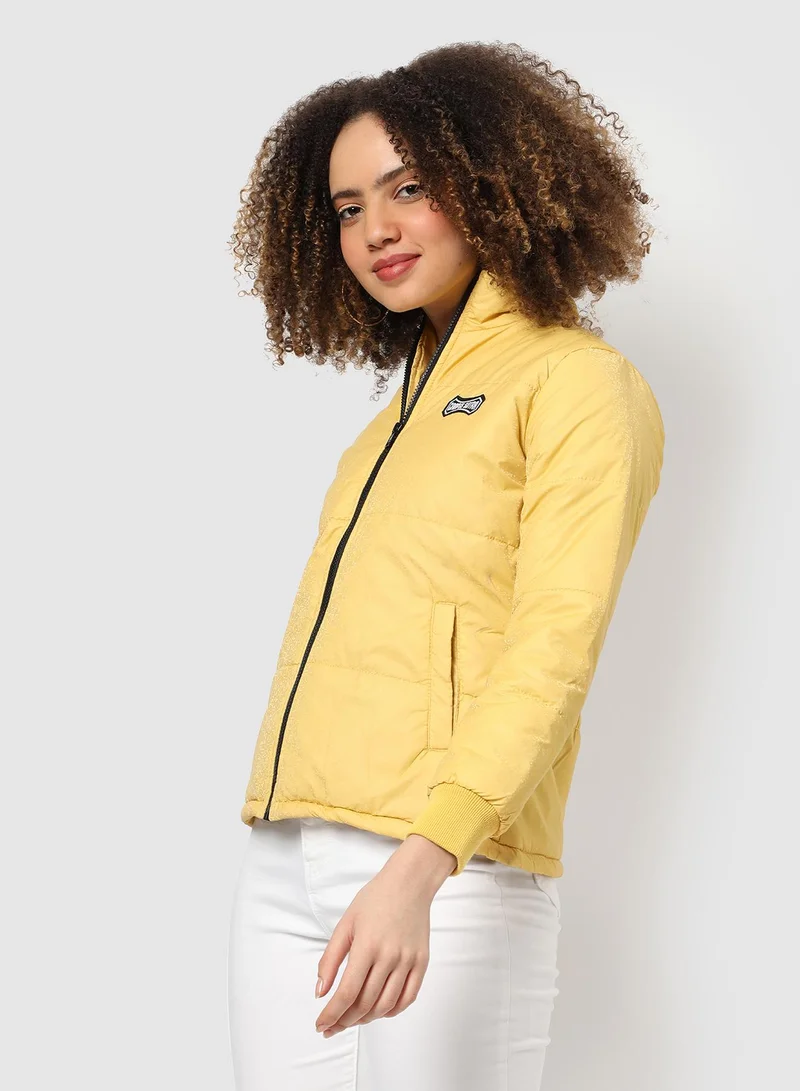 Campus Sutra Women's Butter Yellow Speck Quilted-Puffer Jacket | كم طويل | سادة | كاجوال ويومي | طوق منتشر | جاكيت