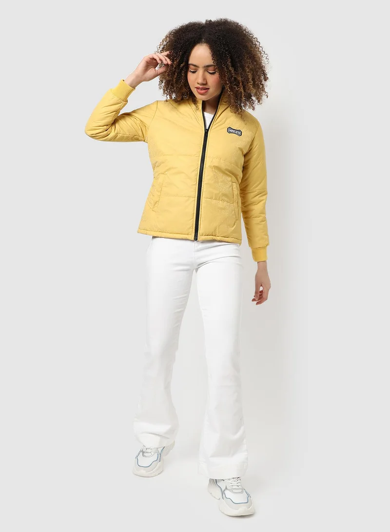 Campus Sutra Women's Butter Yellow Speck Quilted-Puffer Jacket | كم طويل | سادة | كاجوال ويومي | طوق منتشر | جاكيت