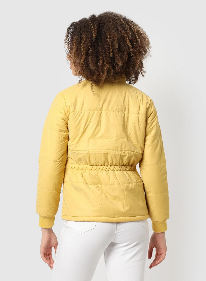 Campus Sutra Women's Butter Yellow Speck Quilted-Puffer Jacket | كم طويل | سادة | كاجوال ويومي | طوق منتشر | جاكيت