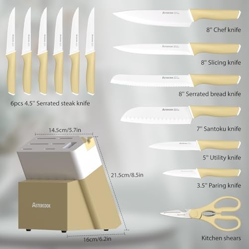 Astercook Kitchen Knife Set with Block and Sharpener 15 Piece Knives Set with Ceramic Coating German High Carbon Stainless Steel Knives Sharp Blade Dishwasher Safe Knife Set with Ergonomic Handle - Image 5