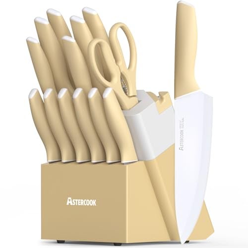 Astercook Kitchen Knife Set with Block and Sharpener 15 Piece Knives Set with Ceramic Coating German High Carbon Stainless Steel Knives Sharp Blade Dishwasher Safe Knife Set with Ergonomic Handle - Image 1