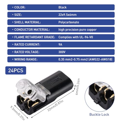 Serplex® 24pcs 2-Pin Cable Connector for 18-24AWG Wires, 2 Way Universal Compact Wire Terminals, 2 Pin Push-Type Connectors with Locking Buckle, Electrical Wire Connector - Image 2
