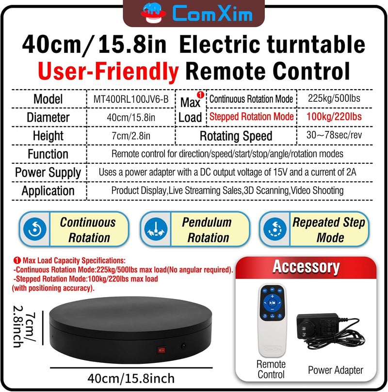 ComXim 15.8In Remote Large Motorized electric turntable Rotating platform Photography Turntable Motorized lazy susan Base giratoria para for Photography,3D Scanner,Heavy duty display(Load Range:220~500lbs) - Image 2