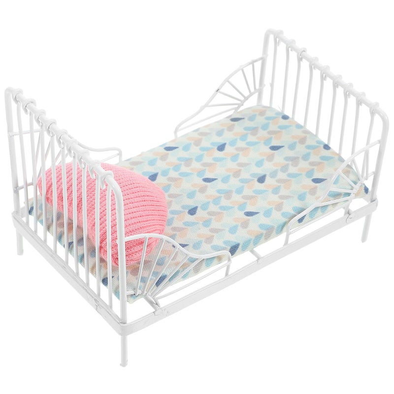 Miniature Doll House Metal Bed Set With Pillow For Bedroom Scene Decoration - Image 2
