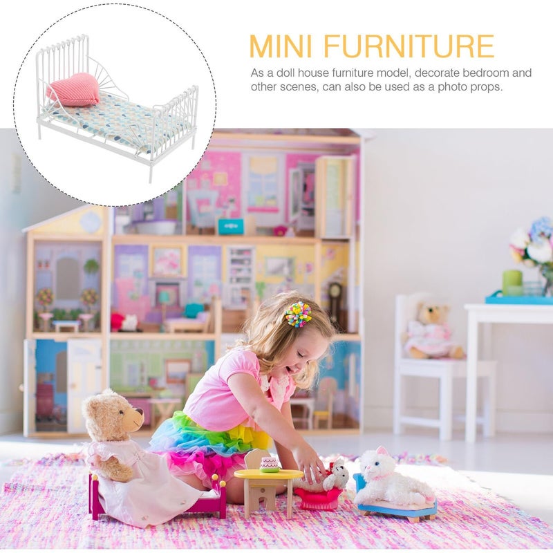 Miniature Doll House Metal Bed Set With Pillow For Bedroom Scene Decoration - Image 4