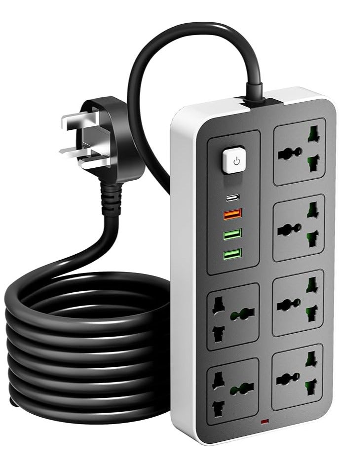 Lesha Universal Extension Lead with Multiple Function, UK 3 Pin Socket Outlet with 6 Gang | 3 USB Ports | 1 Type-C Port), Power Extension Cable, 2M Electric Socket Mains Strip for Home,Kitchen,and Office - Image 1