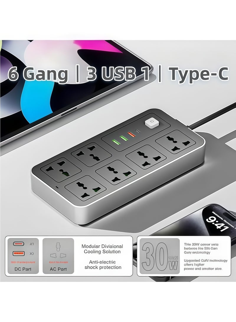 Lesha Universal Extension Lead with Multiple Function, UK 3 Pin Socket Outlet with 6 Gang | 3 USB Ports | 1 Type-C Port), Power Extension Cable, 2M Electric Socket Mains Strip for Home,Kitchen,and Office - Image 2