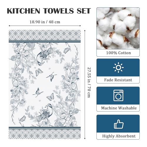 Arquiel Vintage Bird Floral Tea Towels, Rustic Cotton Kitchen Towel 18.9×27.5 inch, Quick Drying Dish Cloth for Party Anniversary Holiday Decoration Housewarming Gifts - Image 4