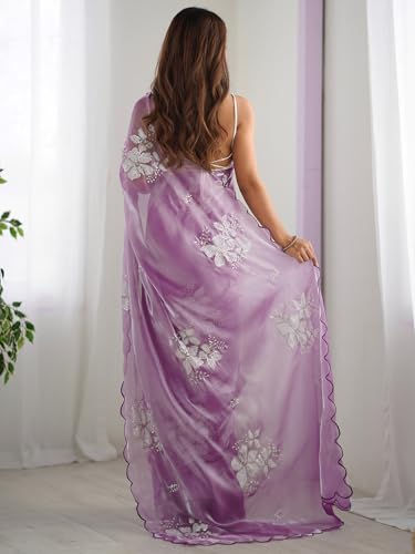 Satrani Women's Shimmer Chiffon Sequins Embroidery Saree with Unstitched Blouse Piece (3997S123N_Lavender) - Image 2