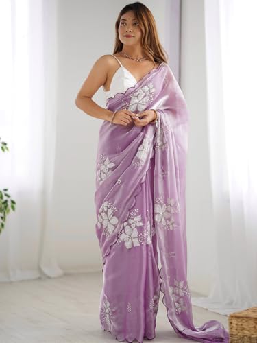 Satrani Women's Shimmer Chiffon Sequins Embroidery Saree with Unstitched Blouse Piece (3997S123N_Lavender) - Image 3