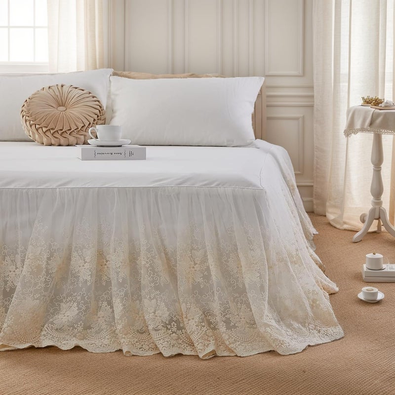 Brandream Brandream Luxury Cream White Lace Bed Skirt King Size 18 Inch Drop Split Corners Romantic Bed Cover Romantic Dust Ruffle Bed Skirts 